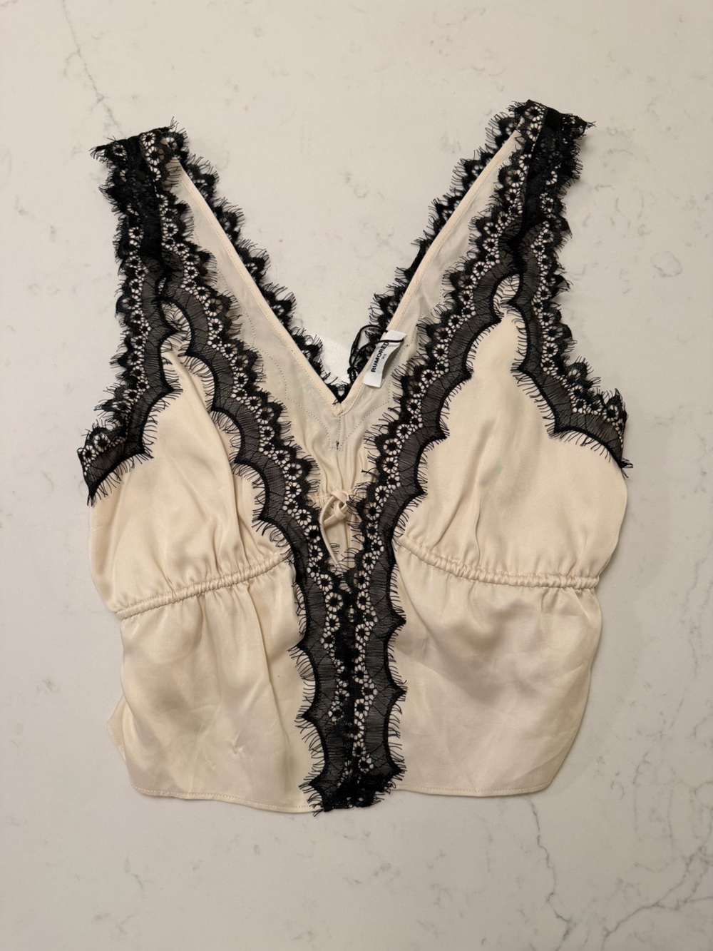 Rumored Lace-Trim V-Neck Satin top in Cream and Black